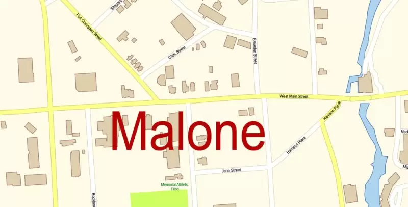 Malone New York Map Vector Exact City Plan High Detailed Street Map editable Adobe Illustrator in layers
