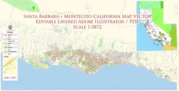 Santa Barbara + Montecito California Map Vector Exact City Plan High Detailed Street Map editable Adobe Illustrator in layers