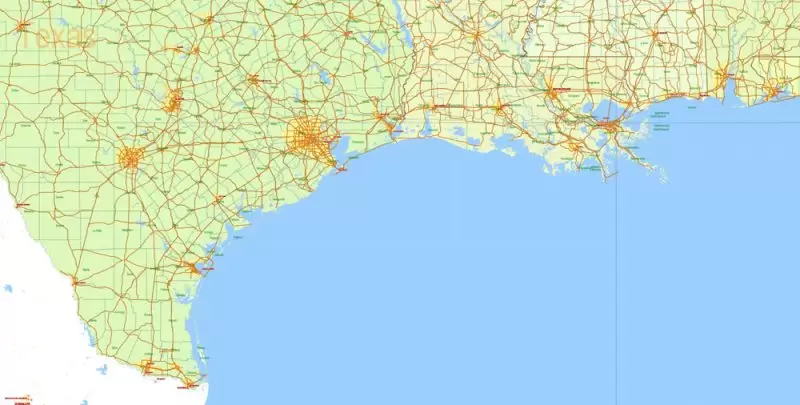 United States Map Vector 01 02 Main Roads, Railroads, Cities, States, Counties exact editable Adobe Illustrator
