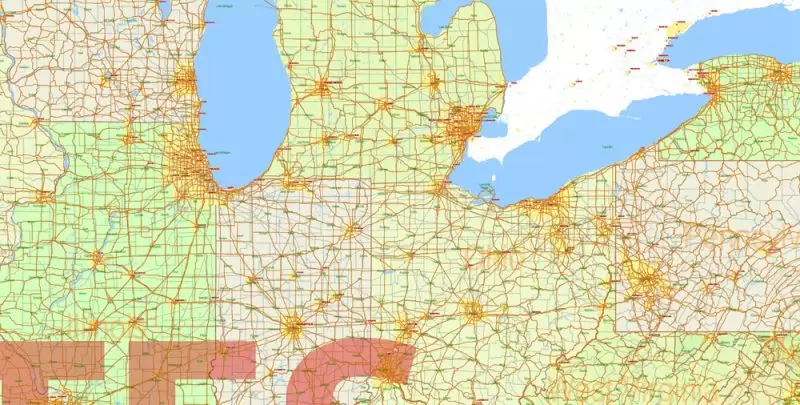 United States Map Vector 01 02 Main Roads, Railroads, Cities, States, Counties exact editable Adobe Illustrator