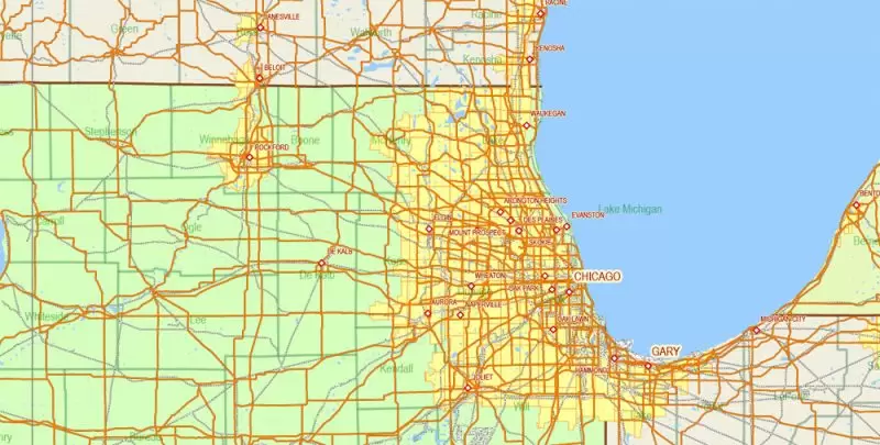 United States Map Vector 01 02 Main Roads, Railroads, Cities, States, Counties exact editable Adobe Illustrator