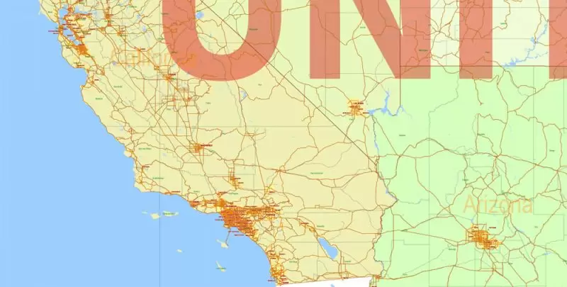 United States Map Vector 01 02 Main Roads, Railroads, Cities, States, Counties exact editable Adobe Illustrator