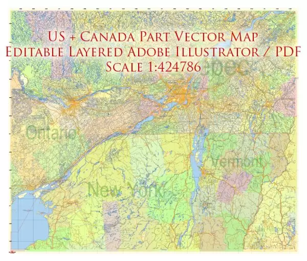 US North-East + Canada South-East Part Map Vector Exact Plan Detailed Road Admin Map editable Adobe Illustrator in layers