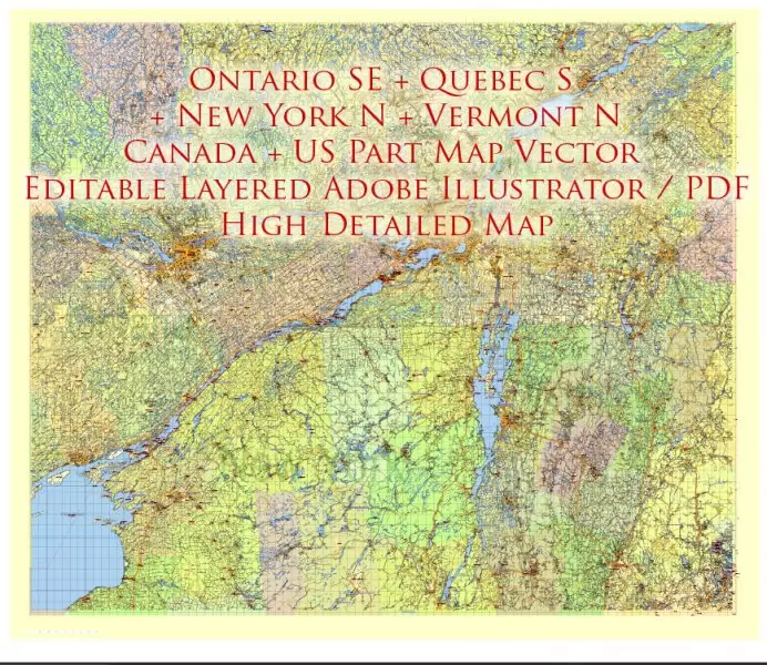 US North East + Canada South East part Map Vector Exact Plan High Detailed Road Admin Map editable Adobe Illustrator in layers