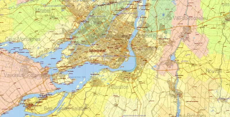 US North East + Canada South East part Map Vector Exact Plan High Detailed Road Admin Map editable Adobe Illustrator in layers