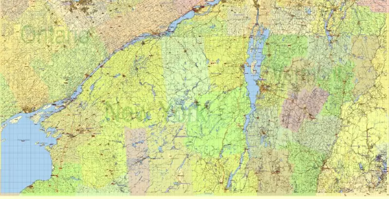 US North East + Canada South East part Map Vector Exact Plan High Detailed Road Admin Map editable Adobe Illustrator in layers