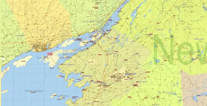 US North East + Canada South East part Map Vector Exact Plan High Detailed Road Admin Map editable Adobe Illustrator in layers