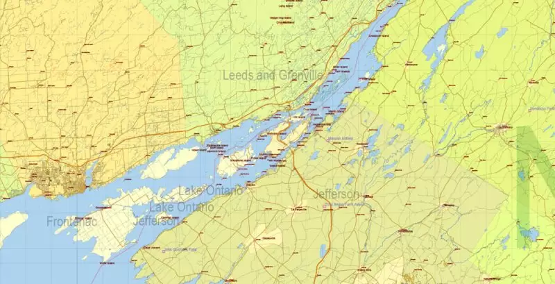 US North East + Canada South East part Map Vector Exact Plan High Detailed Road Admin Map editable Adobe Illustrator in layers