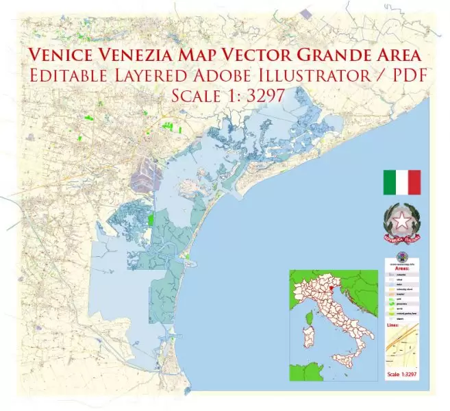 Venice Venezia Italy Map Vector Exact City Plan High Detailed Street Map editable Adobe Illustrator in layers