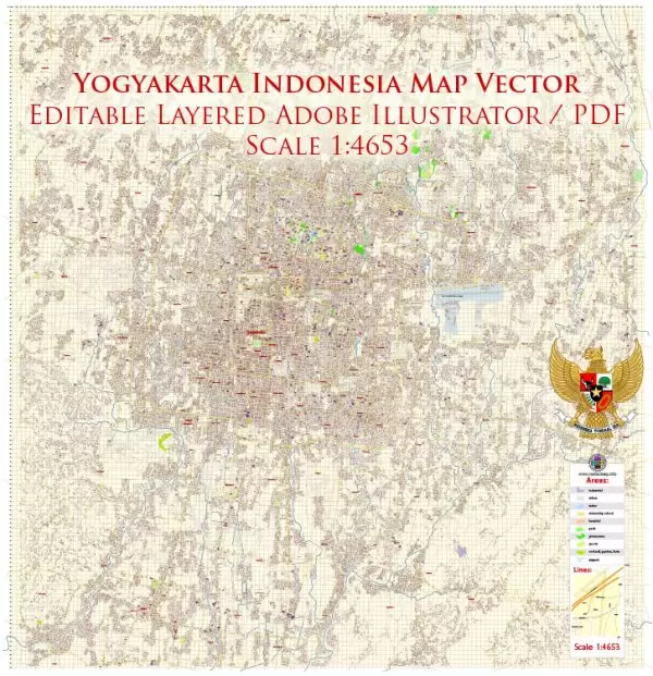 Yogyakarta Indonesia Map Vector Exact City Plan High Detailed Street Map editable Adobe Illustrator in layers