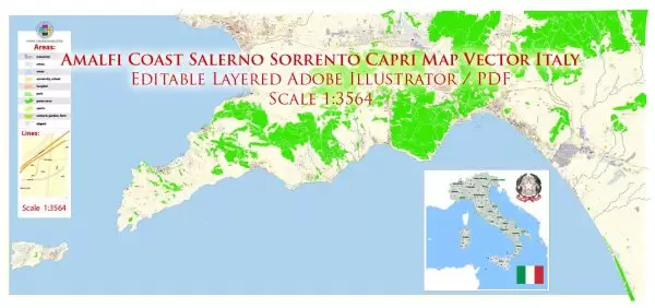 Amalfi Coast Sorrento Salerno Italy Map Vector Exact City Plan High Detailed Street Map editable Adobe Illustrator in layers