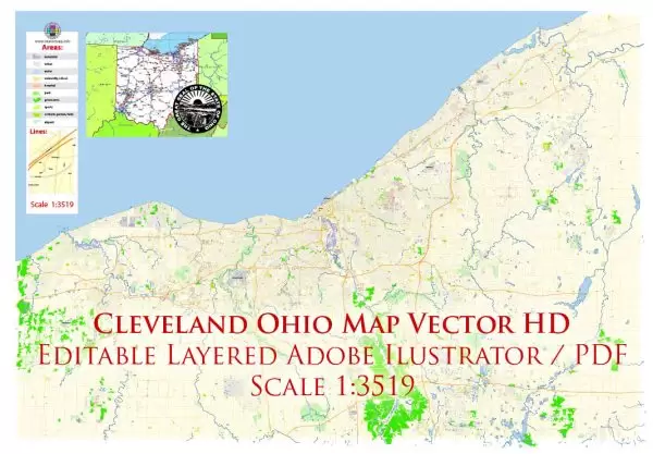 Cleveland Ohio US Map Vector Exact City Plan High Detailed Street Map editable Adobe Illustrator in layers