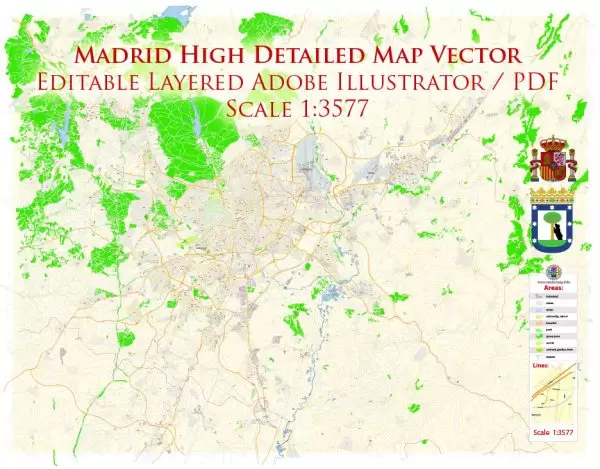 Madrid Spain Map Vector Exact City Plan High Detailed Street Map editable Adobe Illustrator in layers