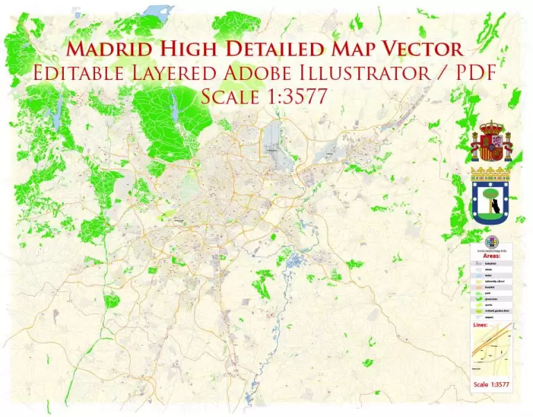 Madrid Spain Map Vector Exact City Plan High Detailed Street Map editable Adobe Illustrator in layers