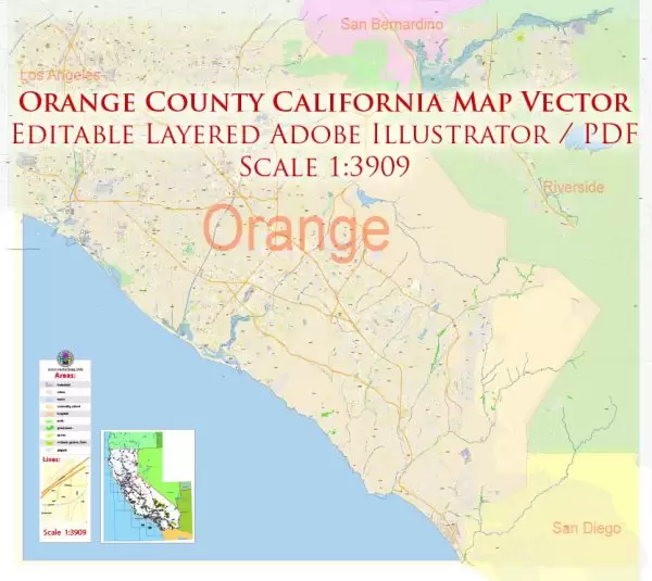 Orange County California US Map Vector Exact City Plan High Detailed Street Map editable Adobe Illustrator in layers