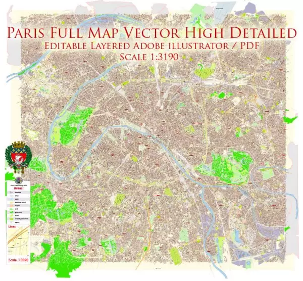 Paris Grand France Map Vector Exact City Plan High Detailed Street Map editable Adobe Illustrator in layers