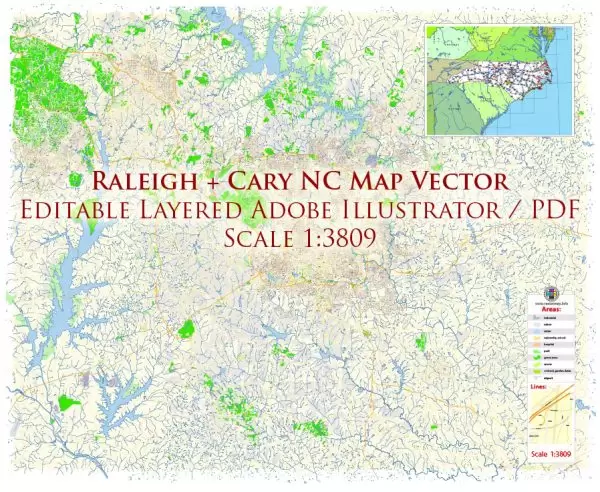 Raleigh + Cary + Durham North Carolina US Map Vector Exact City Plan High Detailed Street Map editable Adobe Illustrator in layers