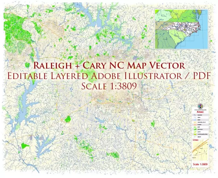 Raleigh + Cary + Durham North Carolina US Map Vector Exact City Plan High Detailed Street Map editable Adobe Illustrator in layers