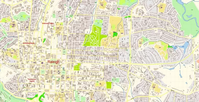 Raleigh + Cary + Durham North Carolina US Map Vector Exact City Plan High Detailed Street Map editable Adobe Illustrator in layers