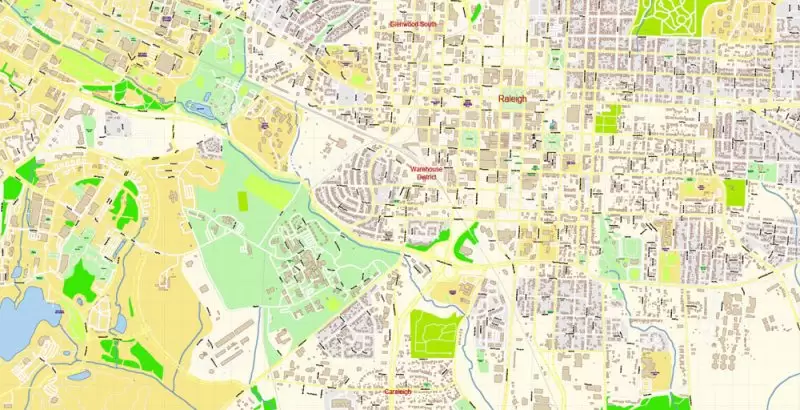 Raleigh + Cary + Durham North Carolina US Map Vector Exact City Plan High Detailed Street Map editable Adobe Illustrator in layers