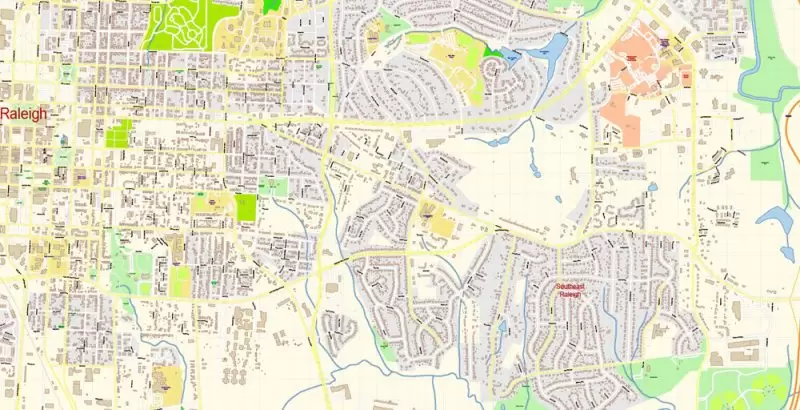 Raleigh + Cary + Durham North Carolina US Map Vector Exact City Plan High Detailed Street Map editable Adobe Illustrator in layers