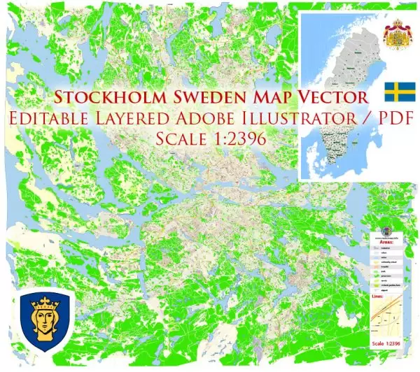Stockholm Sweden Map Vector Exact City Plan High Detailed Street Map editable Adobe Illustrator in layers