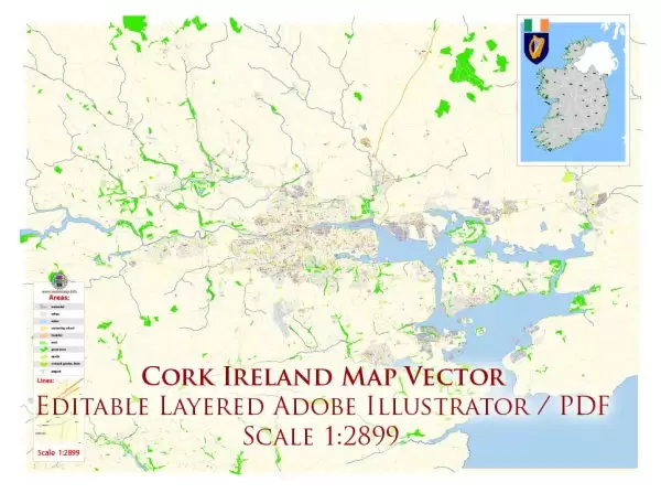 Cork Ireland Map Vector Exact City Plan High Detailed Street Map editable Adobe Illustrator in layers