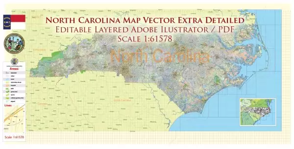 North Carolina US Map Vector Exact Plan High Detailed Road Admin Map editable Adobe Illustrator in layers