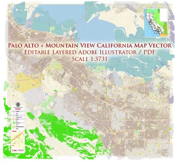 Palo Alto + Mountain View California US Map Vector Exact City Plan High Detailed Street Map editable Adobe Illustrator in layers