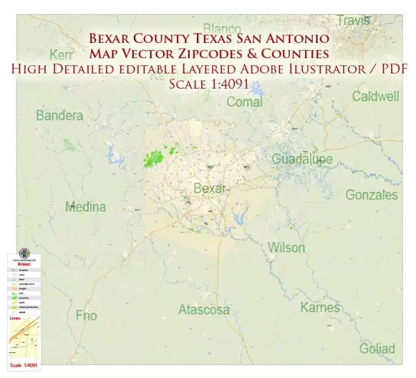 Bexar County San Antonio Texas US Map Vector Exact area Plan High Detailed Street Map + admin + Zipcodes editable Adobe Illustrator in layers
