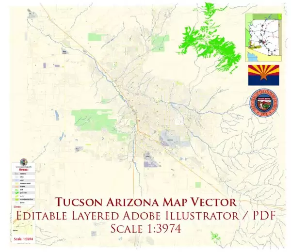 Tucson Arizona US Map Vector Exact City Plan High Detailed Street Map editable Adobe Illustrator in layers