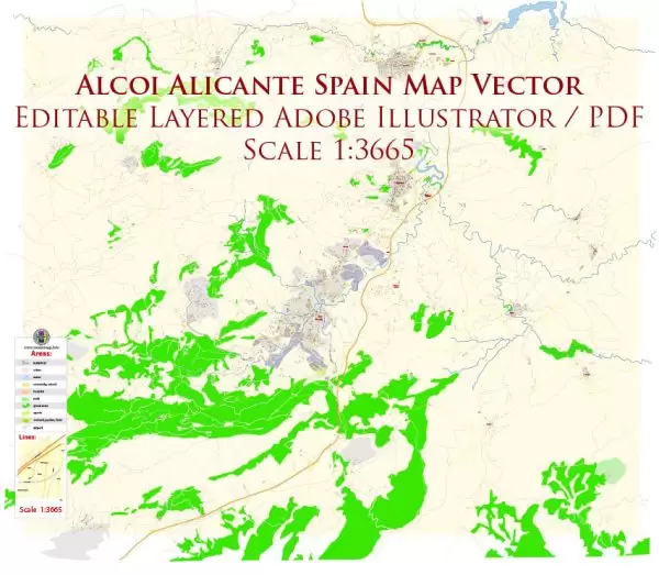 Alcoi Alcoy Alicante Spain Map Vector Exact City Plan High Detailed Street Map editable Adobe Illustrator in layers