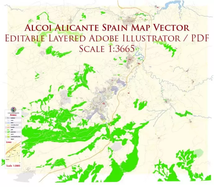 Alcoi Alcoy Alicante Spain Map Vector Exact City Plan High Detailed Street Map editable Adobe Illustrator in layers