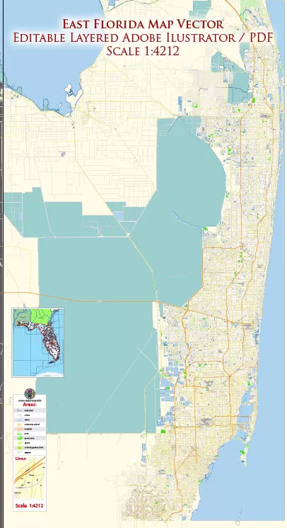 East Florida (Miami - Jupiter area) US Map Vector Exact City Plan High Detailed Street Map editable Adobe Illustrator in layers