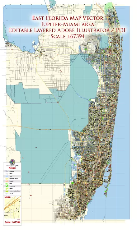 East Florida Jupiter-Miami area US Map Vector Exact City Plan Low Detailed Street Map editable Adobe Illustrator in layers