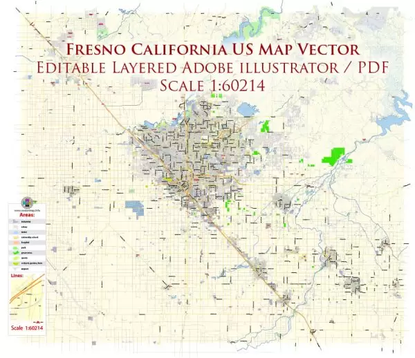 Fresno California US Map Vector Exact City Plan Low Detailed Street Map editable Adobe Illustrator in layers