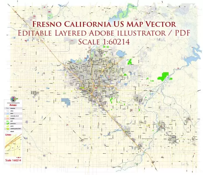 Fresno California US Map Vector Exact City Plan Low Detailed Street Map editable Adobe Illustrator in layers