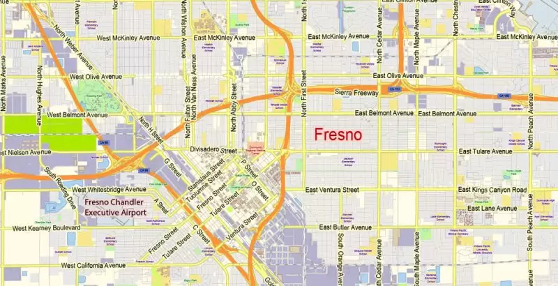 Fresno California US Map Vector Exact City Plan Low Detailed Street Map editable Adobe Illustrator in layers
