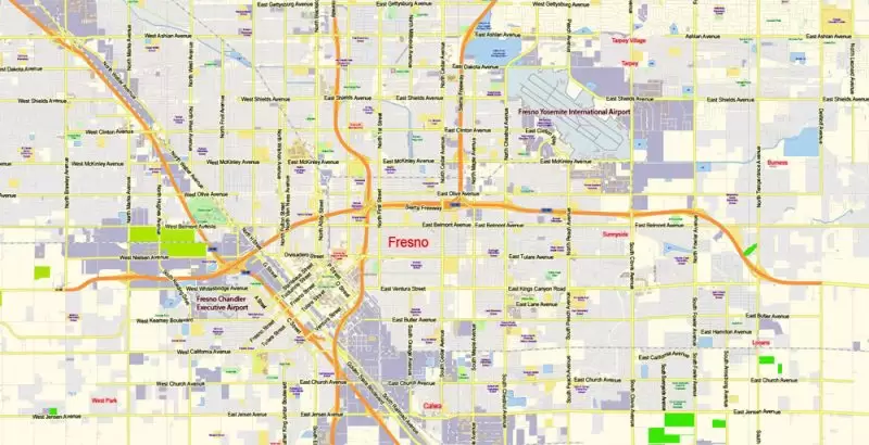 Fresno California US Map Vector Exact City Plan Low Detailed Street Map editable Adobe Illustrator in layers