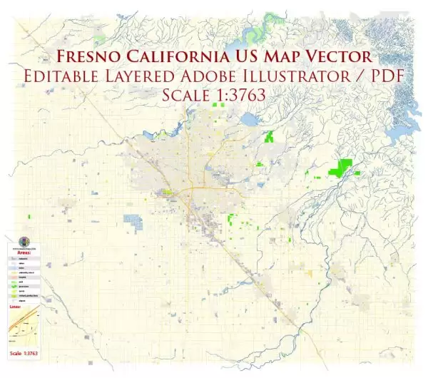Fresno California US Map Vector Exact City Plan High Detailed Street Map editable Adobe Illustrator in layers