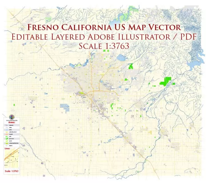 Fresno California US Map Vector Exact City Plan High Detailed Street Map editable Adobe Illustrator in layers