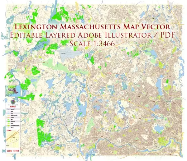 Lexington Area Massachusetts US Map Vector Exact City Plan High Detailed Street Map editable Adobe Illustrator in layers