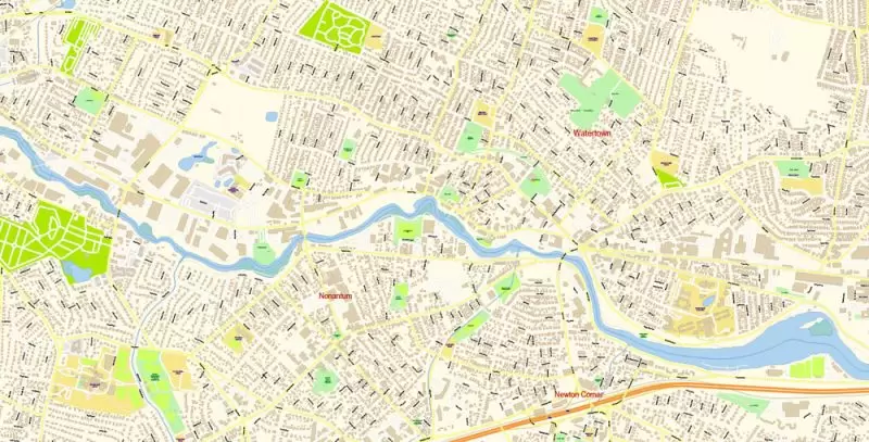 Lexington Area Massachusetts US Map Vector Exact City Plan High Detailed Street Map editable Adobe Illustrator in layers