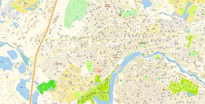 Lexington Area Massachusetts US Map Vector Exact City Plan High Detailed Street Map editable Adobe Illustrator in layers
