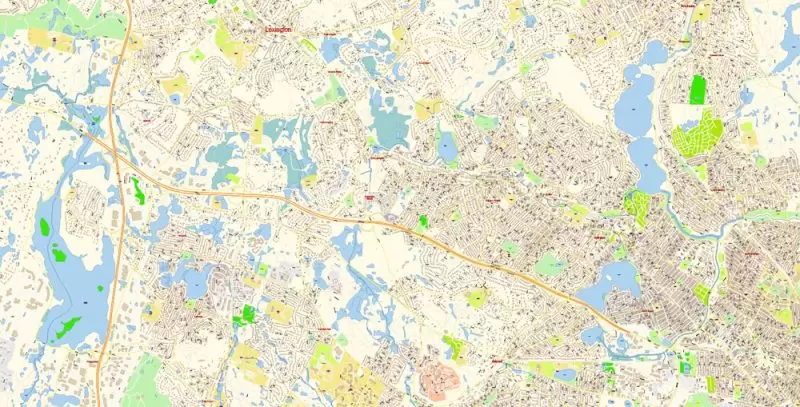 Lexington Area Massachusetts US Map Vector Exact City Plan High Detailed Street Map editable Adobe Illustrator in layers