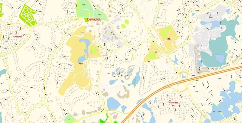 Lexington Area Massachusetts US Map Vector Exact City Plan High Detailed Street Map editable Adobe Illustrator in layers
