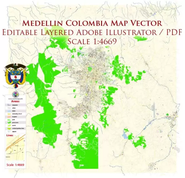 Medellin Colombia Map Vector Exact City Plan High Detailed Street Map editable Adobe Illustrator in layers