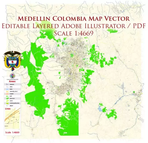 Medellin Colombia Map Vector Exact City Plan High Detailed Street Map editable Adobe Illustrator in layers