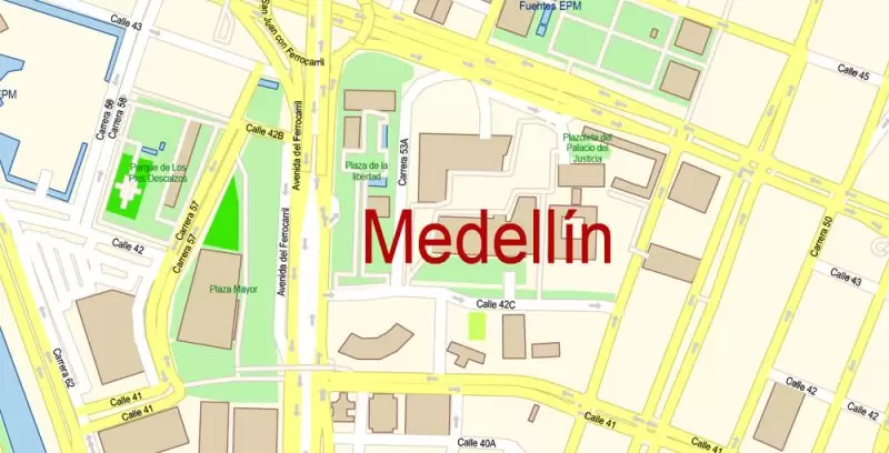 Medellin Colombia Map Vector Exact City Plan High Detailed Street Map editable Adobe Illustrator in layers