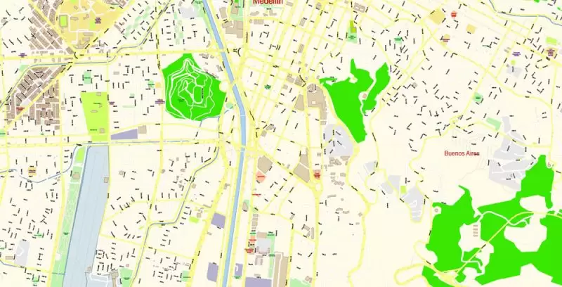 Medellin Colombia Map Vector Exact City Plan High Detailed Street Map editable Adobe Illustrator in layers